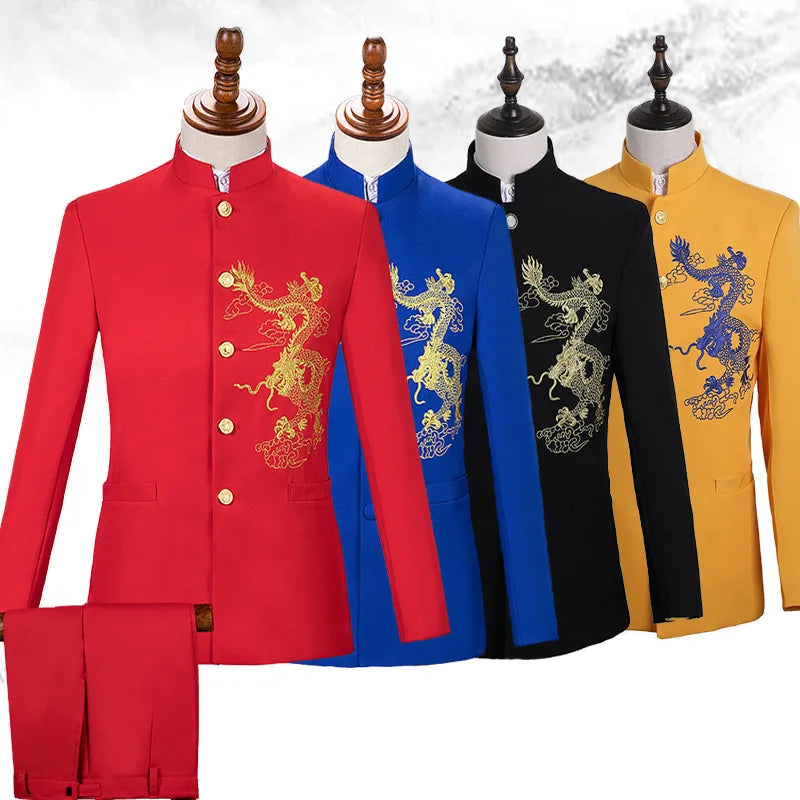 Men's slim fit suit by Showlu Fashion featuring an embroidered blazer and straight pants, stylish and tailored for formal occasions