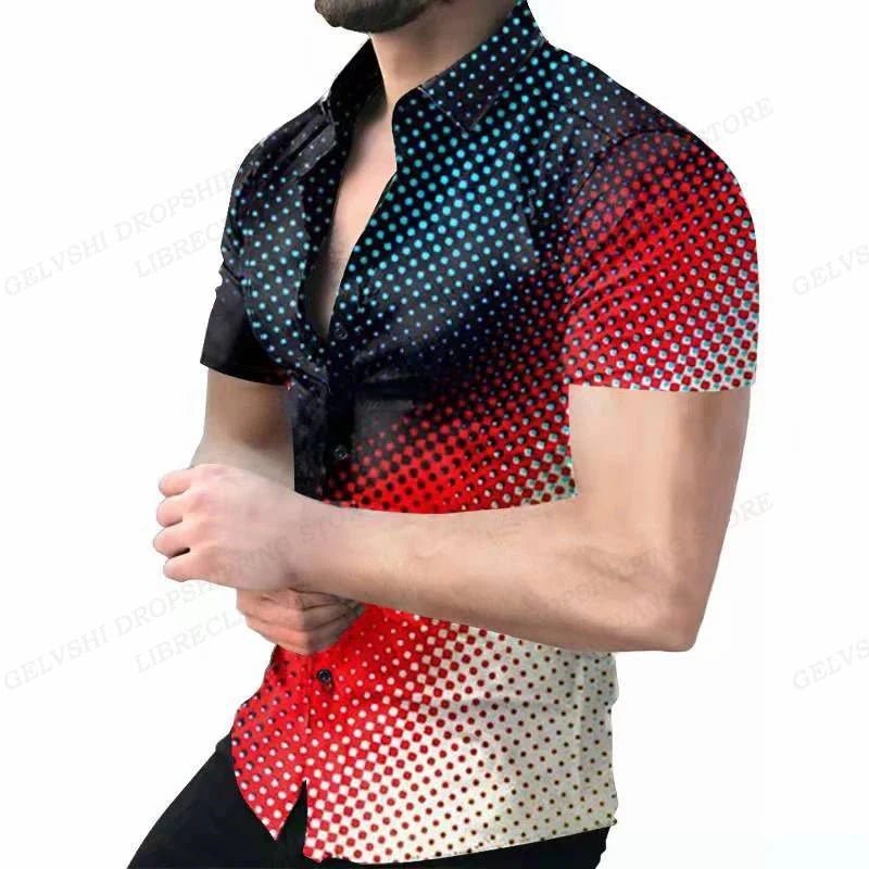 Showlu men's geometric 3D print Hawaiian shirt with short sleeves, featuring vibrant tropical patterns and casual Cuba style.