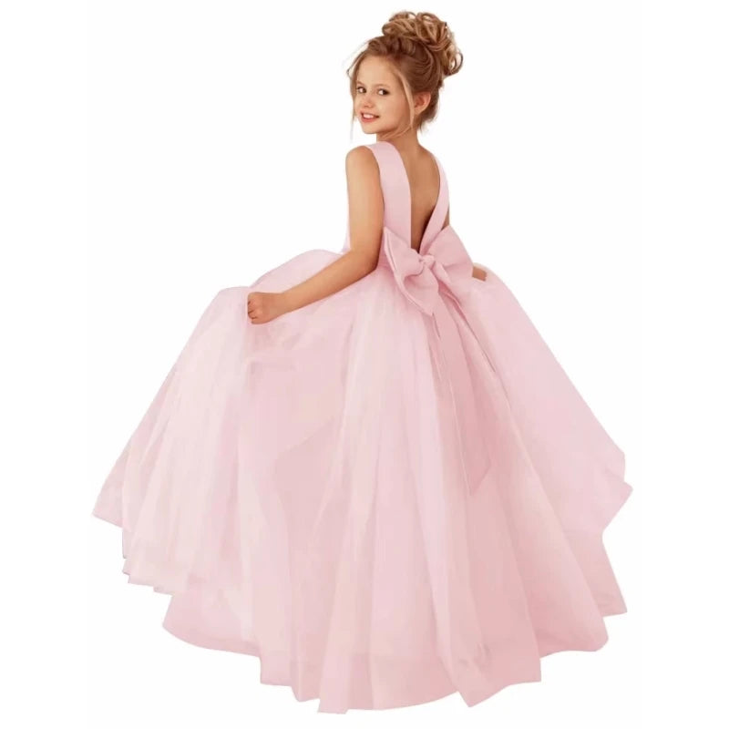 Dusty pink flower girl dress by Showlu Fashion Store featuring a pearl belt and ball gown design for weddings.