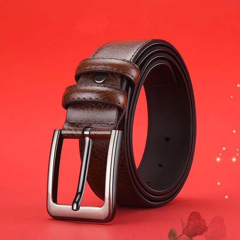 Men's genuine split leather belt with alloy needle buckle from Showlu Fashion, showcasing its stylish and durable design.