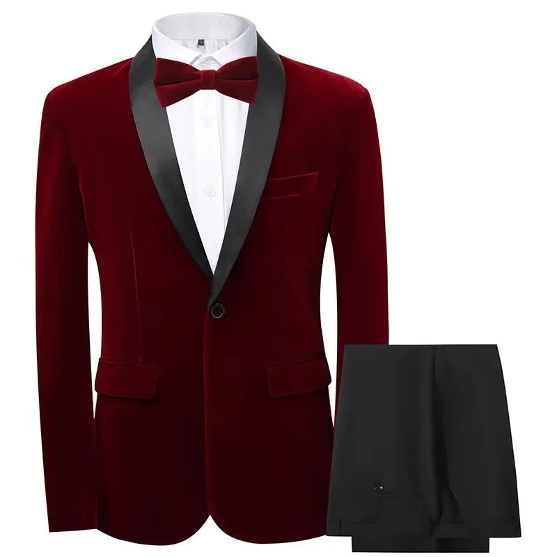 Men's velvet slim fit tuxedo 2-piece suit set by Showlu Fashion, featuring a tailored blazer and matching trousers in deep velvet fabric.