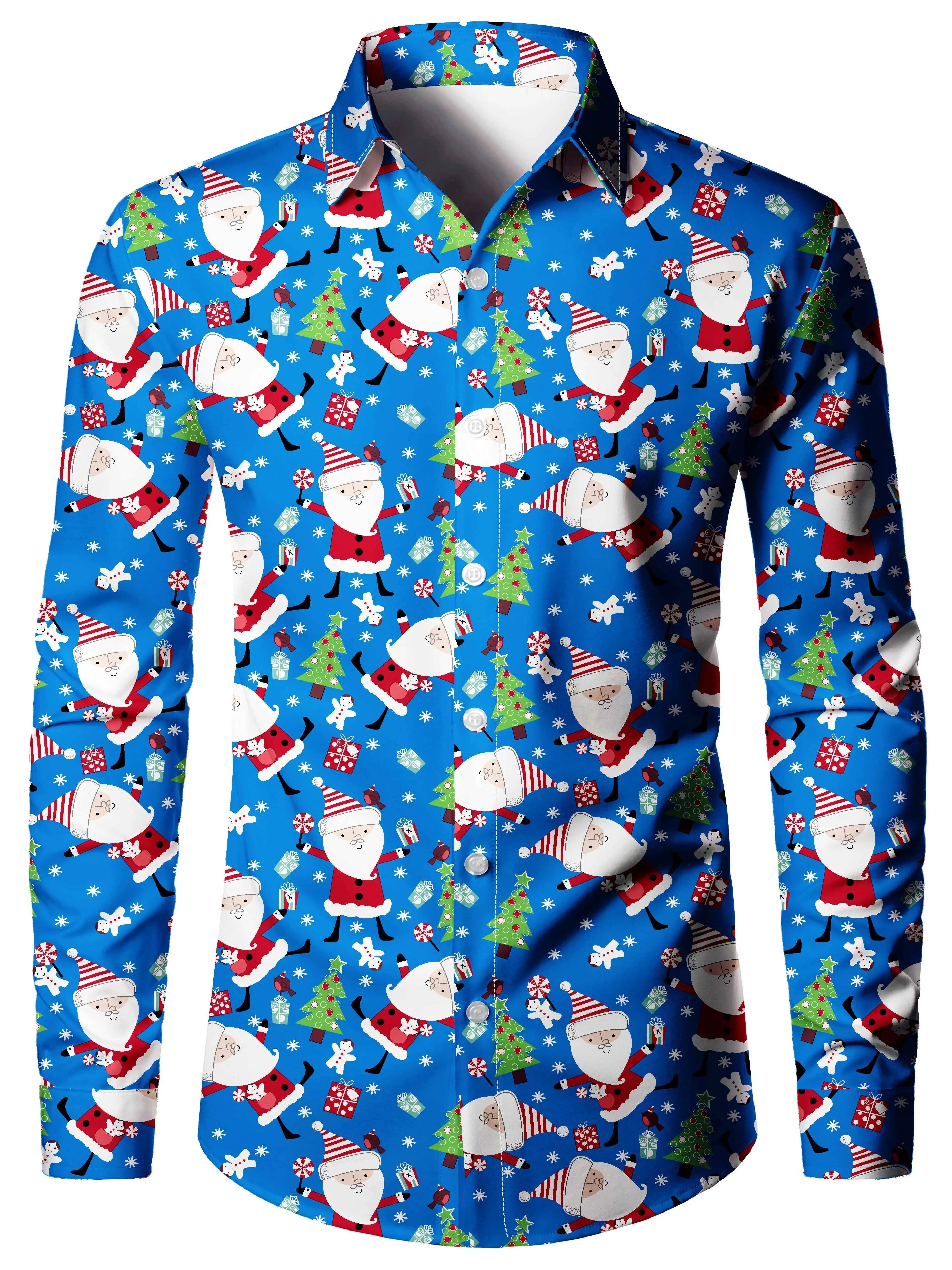 Men's Christmas Festival 3D printed formal shirt with Christmas tree and Santa Claus graphic, long sleeve design by Showlu Fashion.