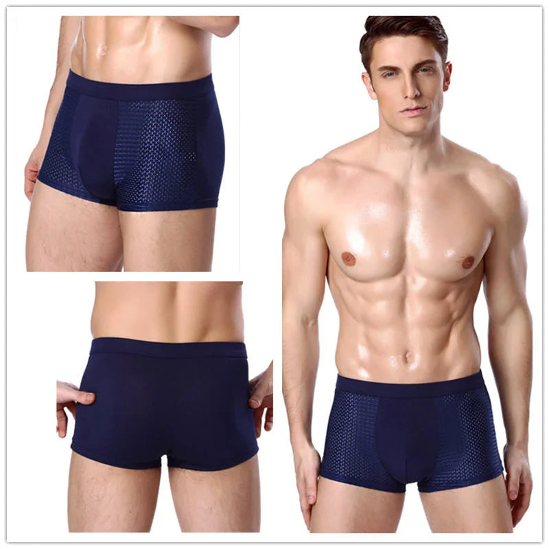 Showlu Men's Ice Silk Boxer Briefs in a 4-pack, breathable mesh underwear with comfortable fit and lightweight fabric.