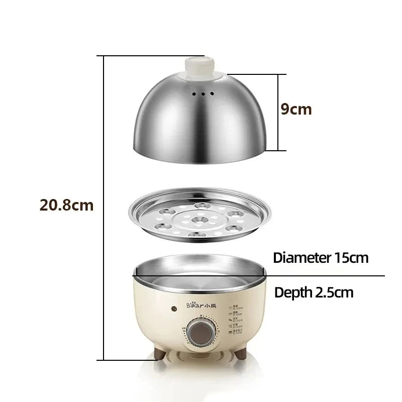 Showlu Smart Electric Egg Boiler in stainless steel, 360W with timer, suitable for boiling 4 to 6 eggs.