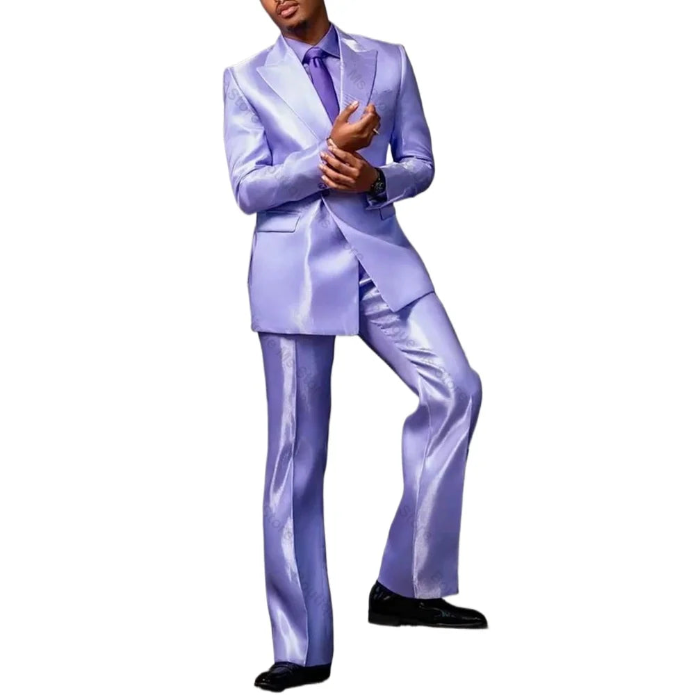 Purple satin men's suit with peak lapel, two-piece wedding and prom set, featuring tailored jacket and matching trousers.