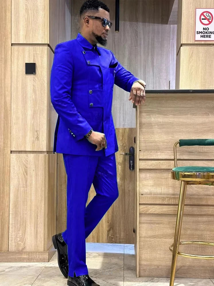 Showlu men's slim fit Italian style 2-piece suit with single-breasted serge fabric, tailored for a sleek, modern look.