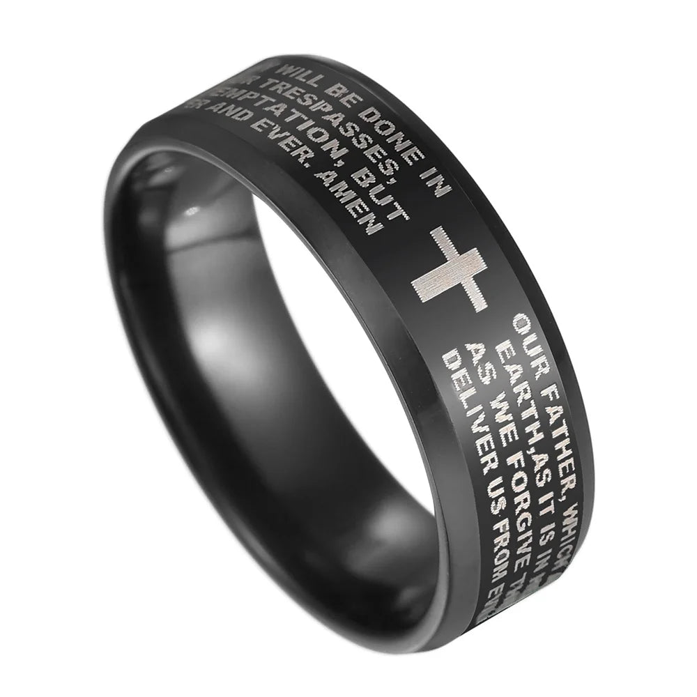 Utag Men's 8mm black stainless steel Bible prayer Jesus cross ring with detailed cross design and smooth band finish.