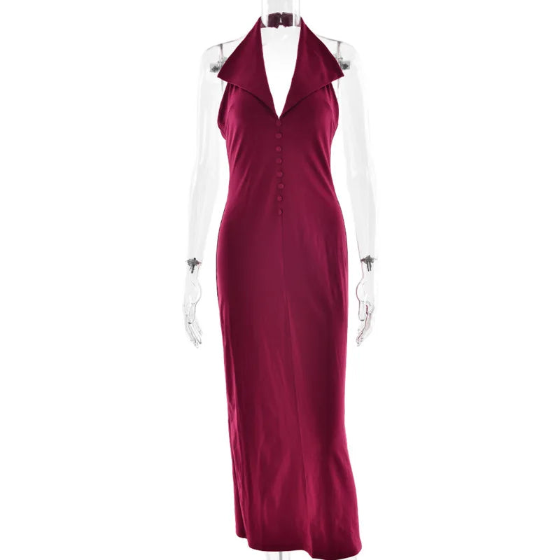 Sexy Halter Deep V Neck Sleeveless Maxi Dress Women Elegant Backless Split Bodycon Dresses Autumn Femme Fashion Vest Long Dress
