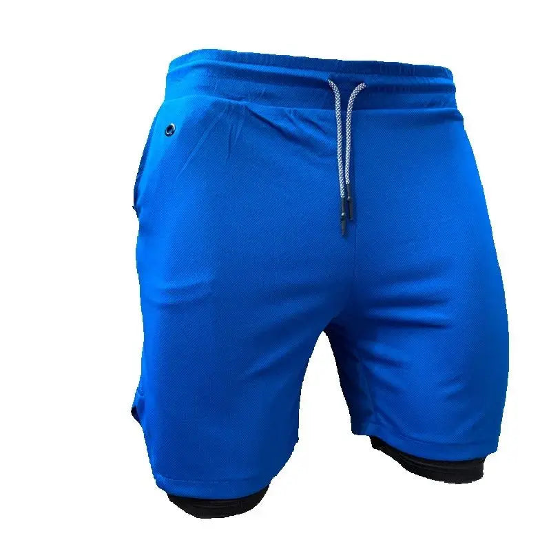 Men's camo running shorts by Showlu Fashion, 2-in-1 gym sports shorts with quick-dry fabric for workout and jogging.