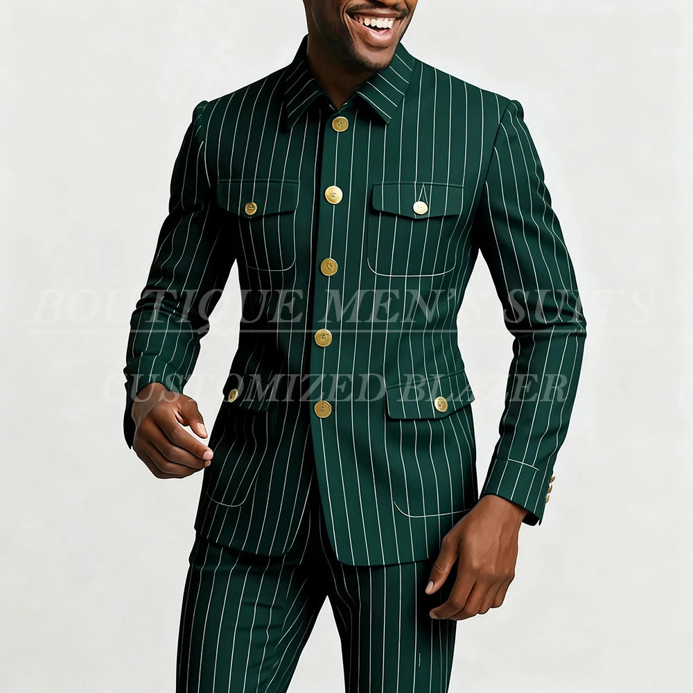 Slim fit men's pinstripe suit by Showlu Fashion with single-breasted jacket, stand lapel, and matching pants, tailored for a sharp look.