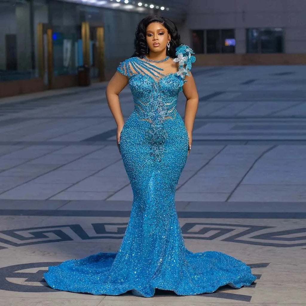 Showlu Fashion African Aso Ebi prom dress with appliques, lace, sequins, glitter, plus size evening gown with long sleeves.