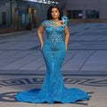 Showlu Fashion African Aso Ebi prom dress with appliques, lace, sequins, glitter, plus size evening gown with long sleeves.