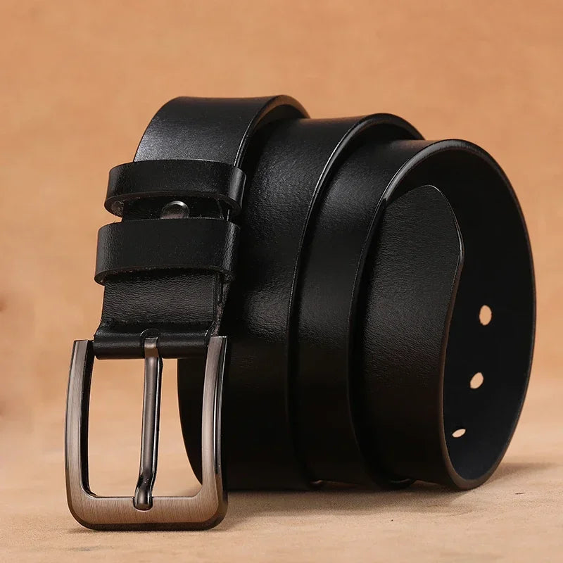 Showlu men's genuine leather belt with high-quality pin buckle, featuring plus size design and classic brown finish.
