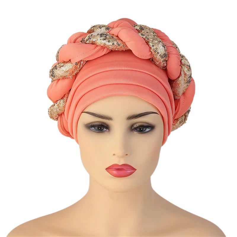 Sequins Braid Turban Cap for women African autogele Headtie