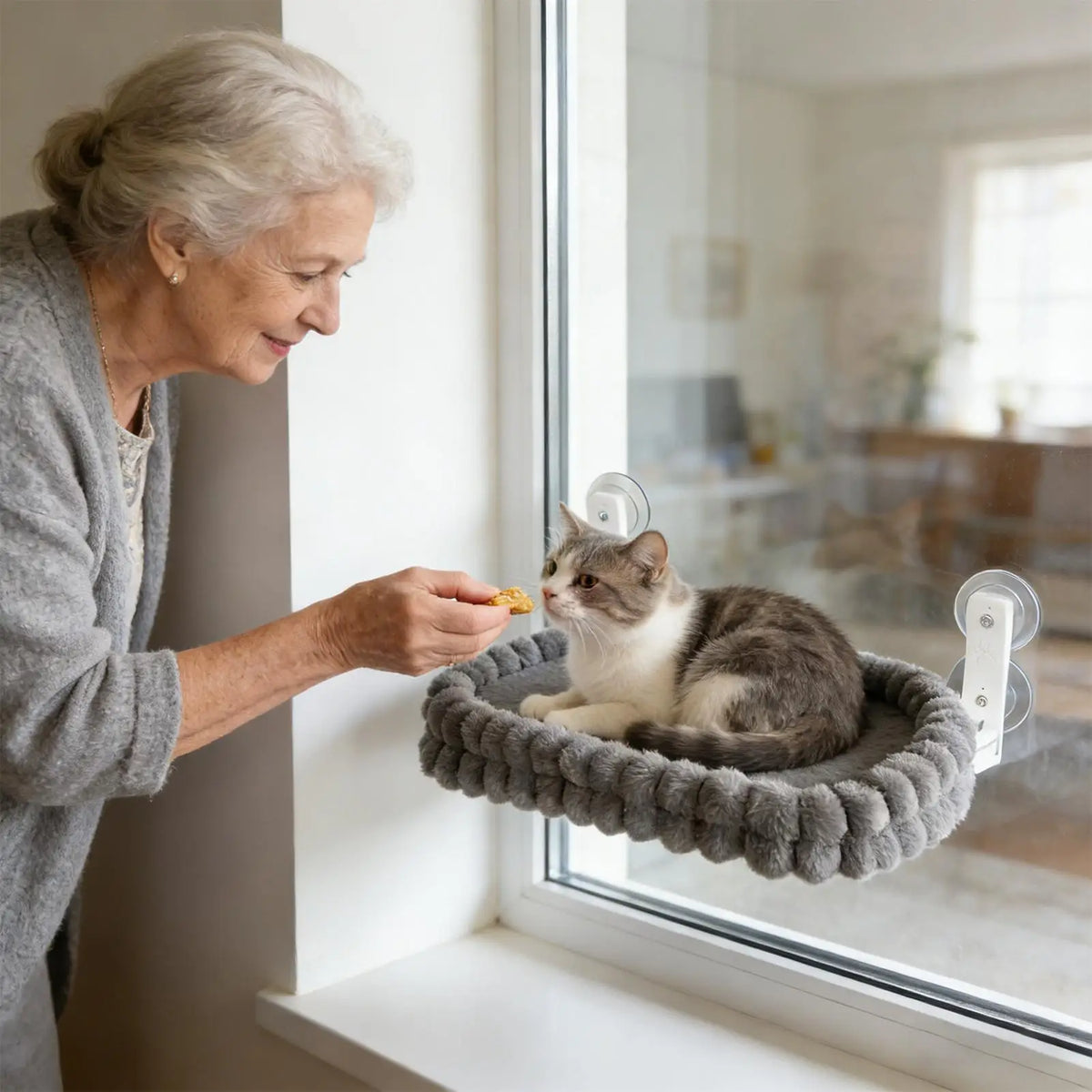 Foldable cat window perch by Showlu Fashion Store with double-sided plush fabric, designed as a cozy hammock for kittens.