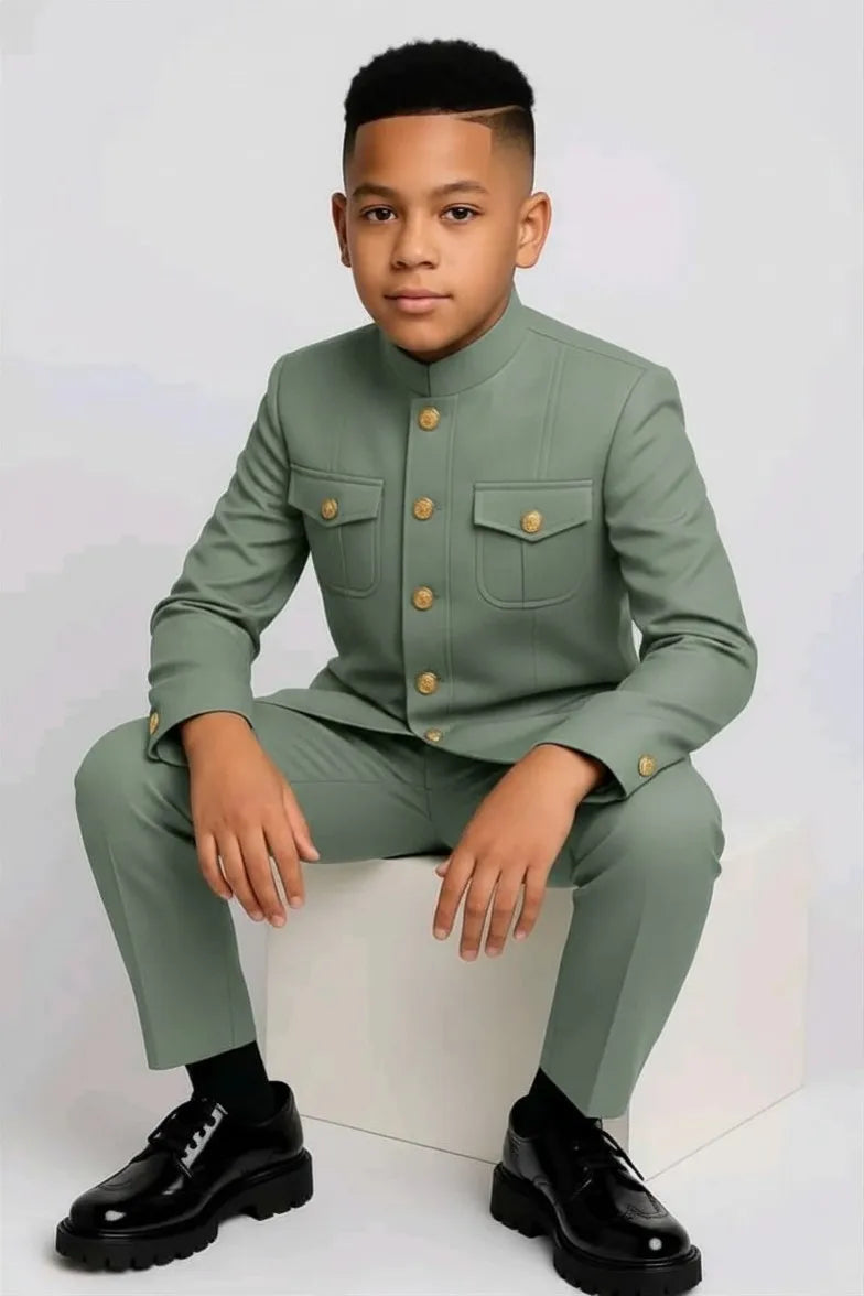 Safari Kids formal tuxedo 2-piece jacket and pants set in black with satin lapels, suitable for special occasions.
