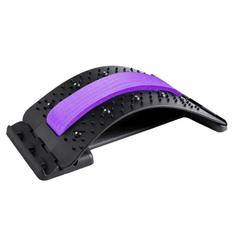 LAAOVEC back stretcher with 3-level lumbar support and spine massager, shown on a wooden floor with ergonomic design.