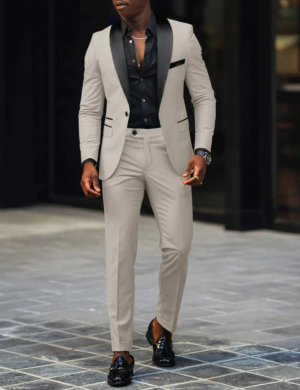 Men's fashion business casual two-piece suit by Showlu, includes slim-fit single-button suit jacket and matching trousers, breathable fabric