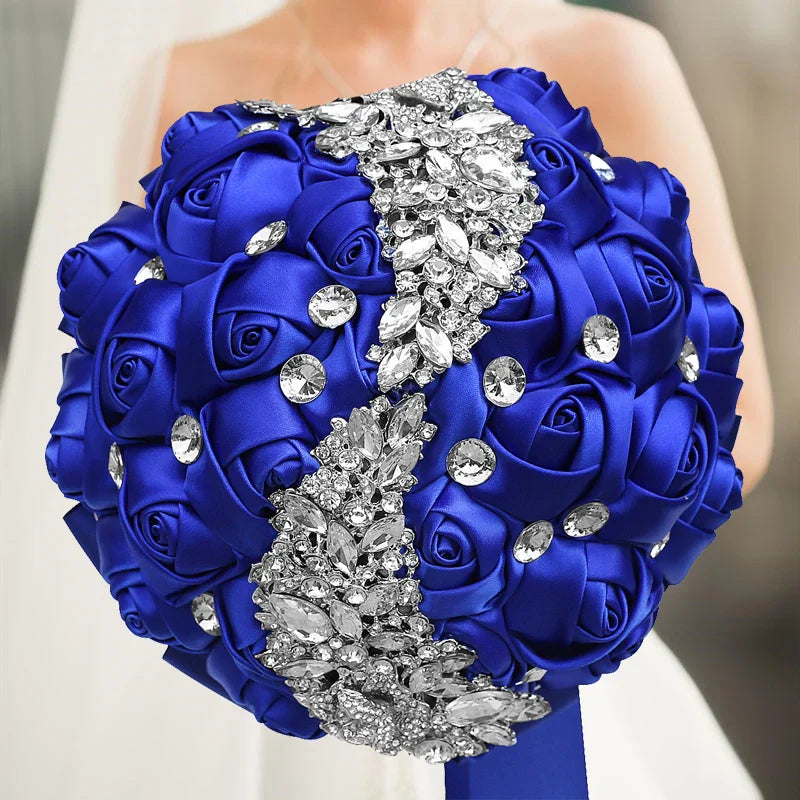 Navy silk rose wedding bouquet, 20cm artificial bridal flowers with lush navy petals and green foliage, perfect for wedding decor