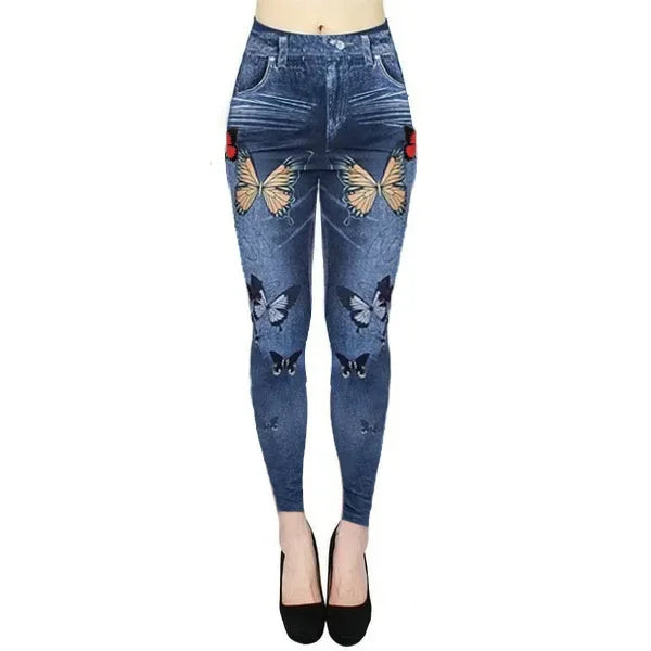 Women’s denim look print high waist tummy control leggings with butt lift design, slim fit, perfect for spring and summer.