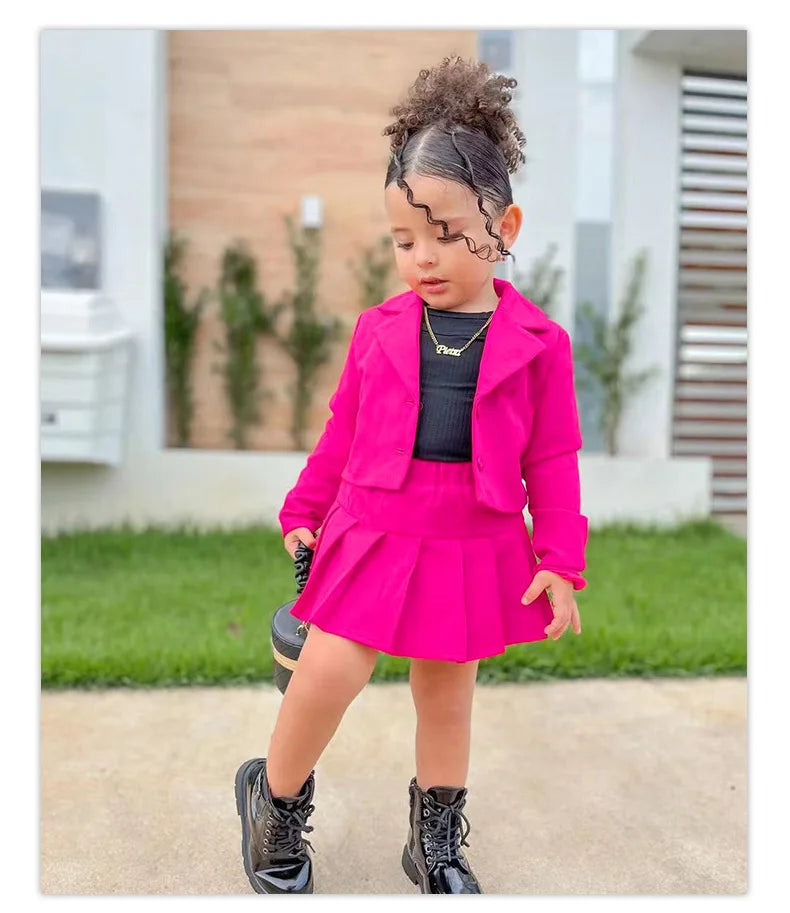 Kids girls autumn 2-piece outfit with long sleeve button coat and pleated plaid skirt, suitable for ages 2 to 8 years.