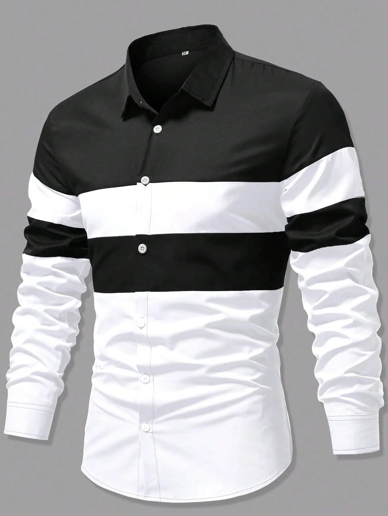 Men's patchwork striped printed shirt by Showlu Fashion Store, classic long sleeve business casual lapel shirt with comfortable fit