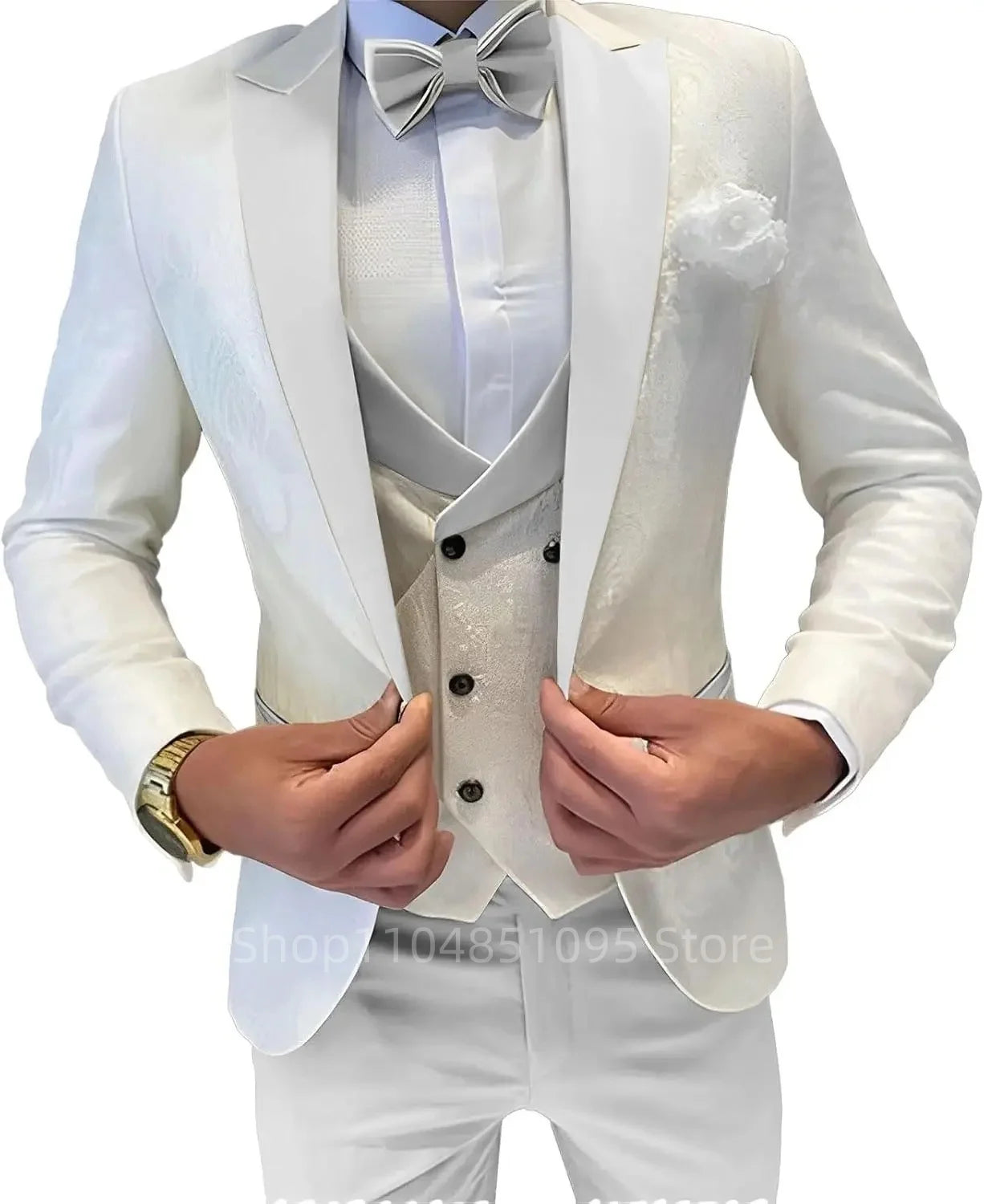 Men's formal groom suit by Showlu Fashion with jacquard pattern, 3-piece set including blazer, vest, and pants for wedding or business.