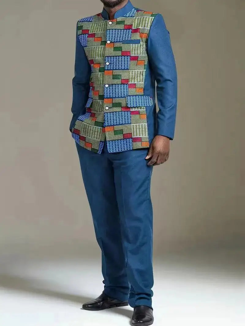 Showlu men's African cotton blend kaftan set, 2-piece wedding suit with intricate embroidery and traditional design.