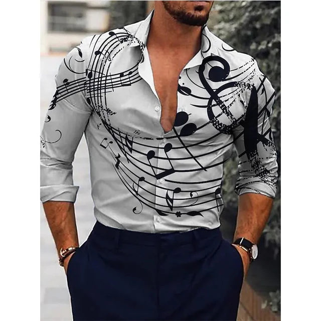 Men's Hawaiian piano luxury designer shirt by Showlu Fashion, floral 3D print, long sleeve single-breasted casual top.
