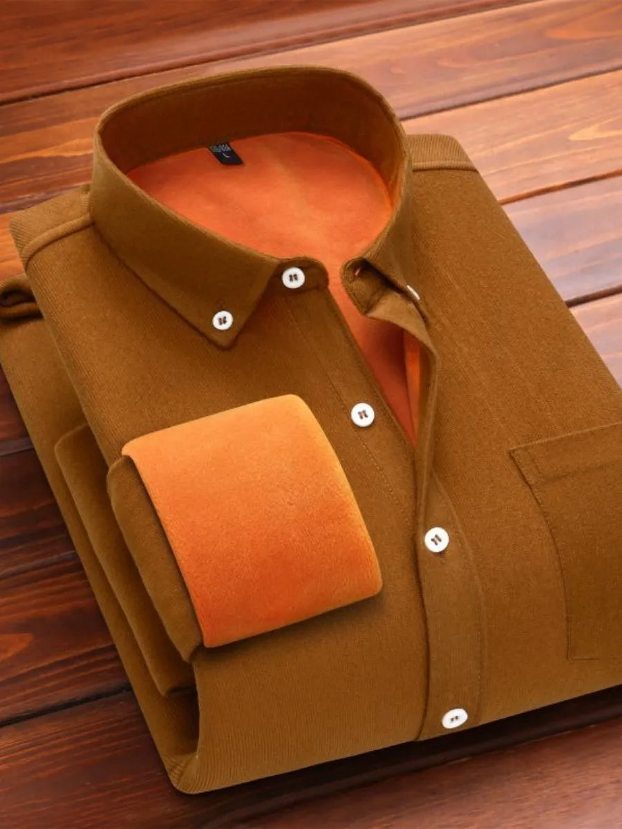 Men's winter corduroy thermal top with a high collar, casual loose fit, pure color, and warm inner wear by Showlu Fashion Store.