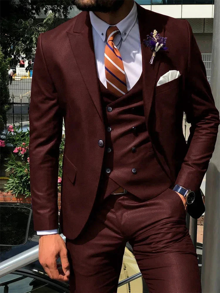 Dark blue SHOWLU men's 3-piece slim fit suit with cotton fabric, including jacket, vest, and trousers, suitable for weddings.
