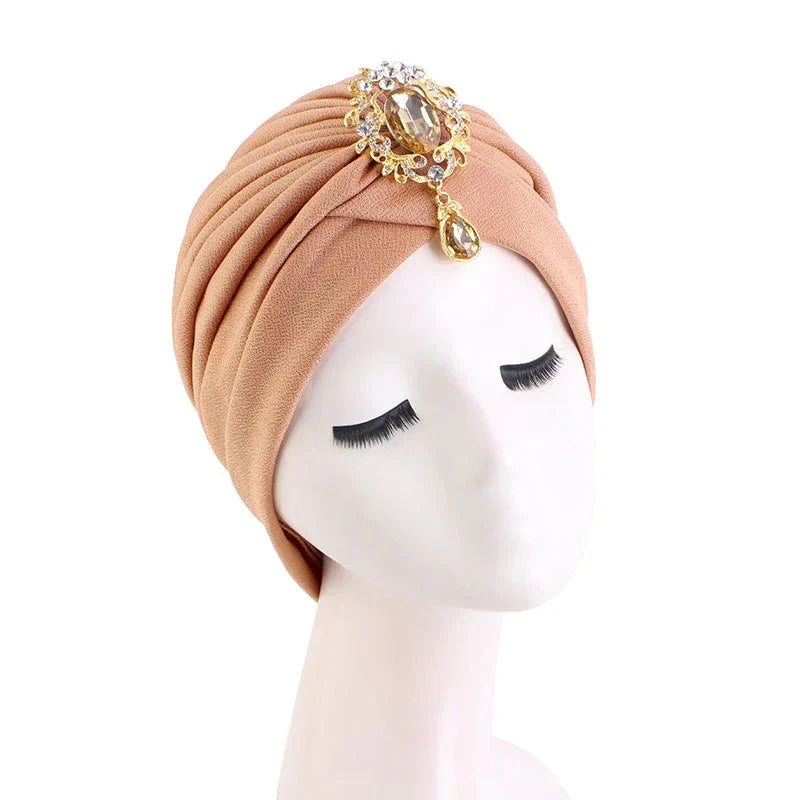 Showlu Fashion women's diamond pleated turban hijab chemo cap wrap, stylish head covering with elegant pleated design.