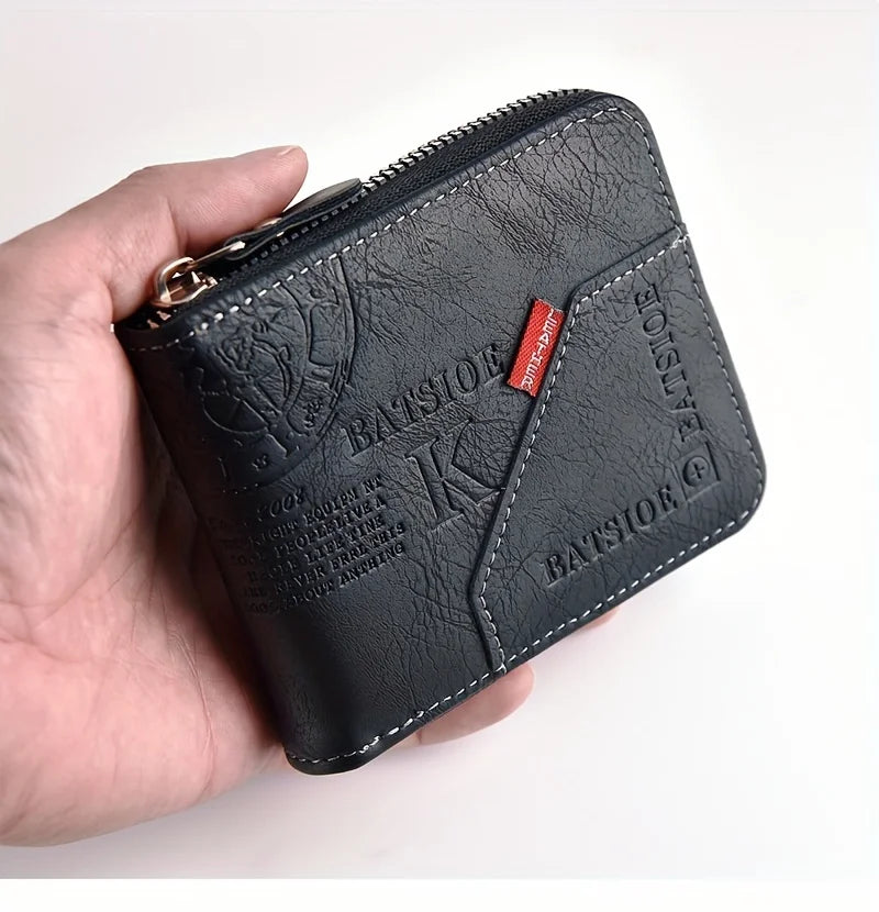 Men's PU wax oil leather wallet with zipper, coin pocket, card holder, and short money purse for men.