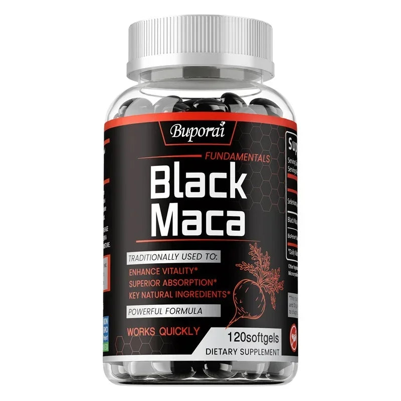 Black Maca supplement capsule by Showlu Fashion Store, designed to boost energy, endurance, muscle growth, and hormonal balance.