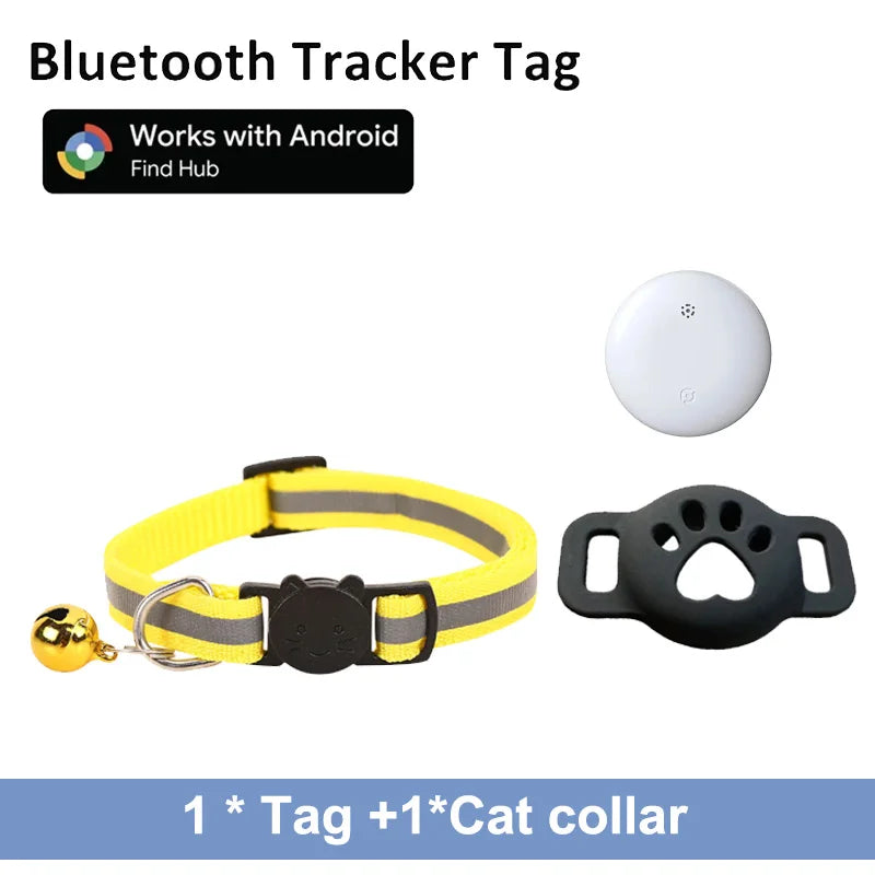 Leapii Bluetooth pet tracker for Android, mini GPS cat collar locator showing the compact tracker device attached to a cat collar.