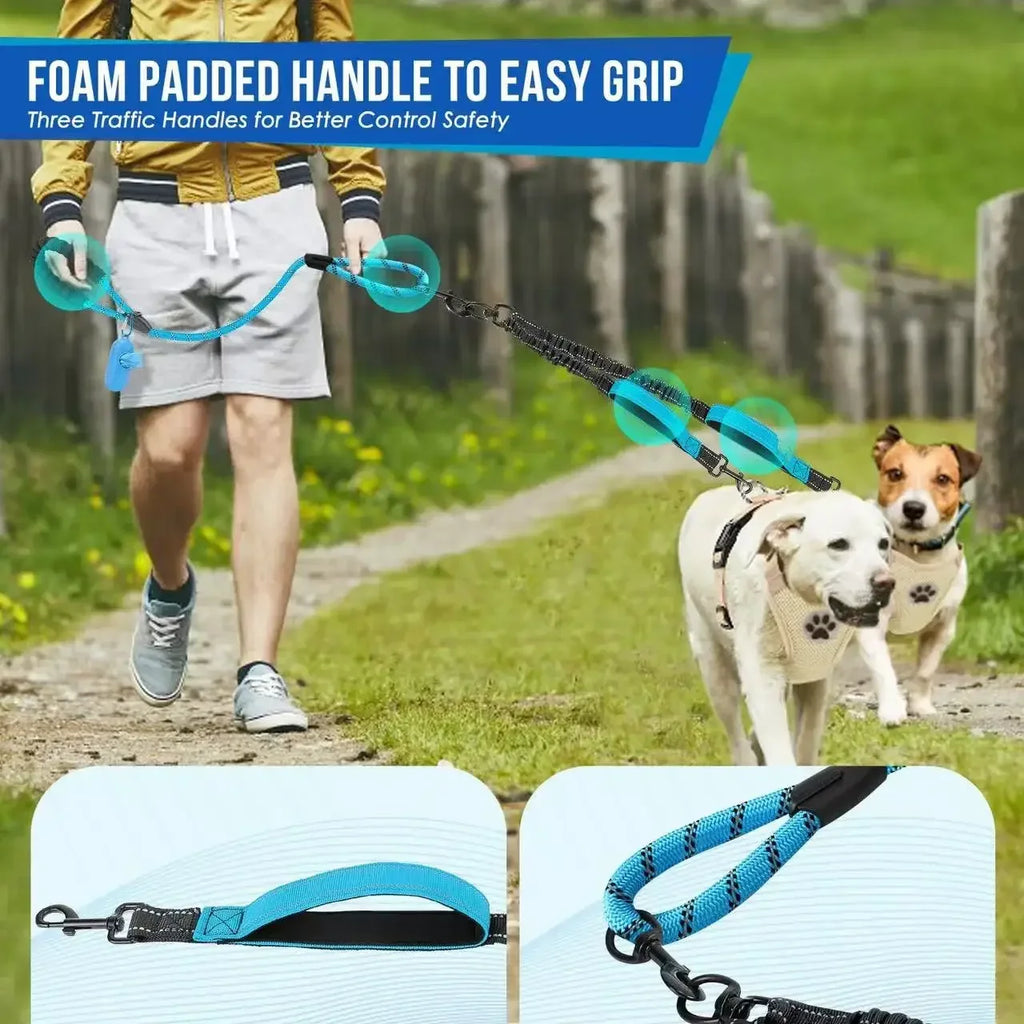 Reflective double dog leash by Showlu Fashion Store, no-tangle nylon dual leash for walking two dogs safely and comfortably.