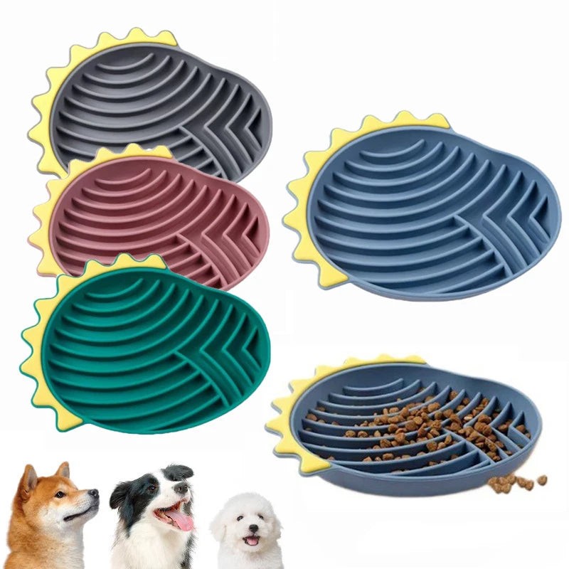 Silicone dog slow food bowl with anti-slip base and anti-knockover design, ideal for pet feeding and training.