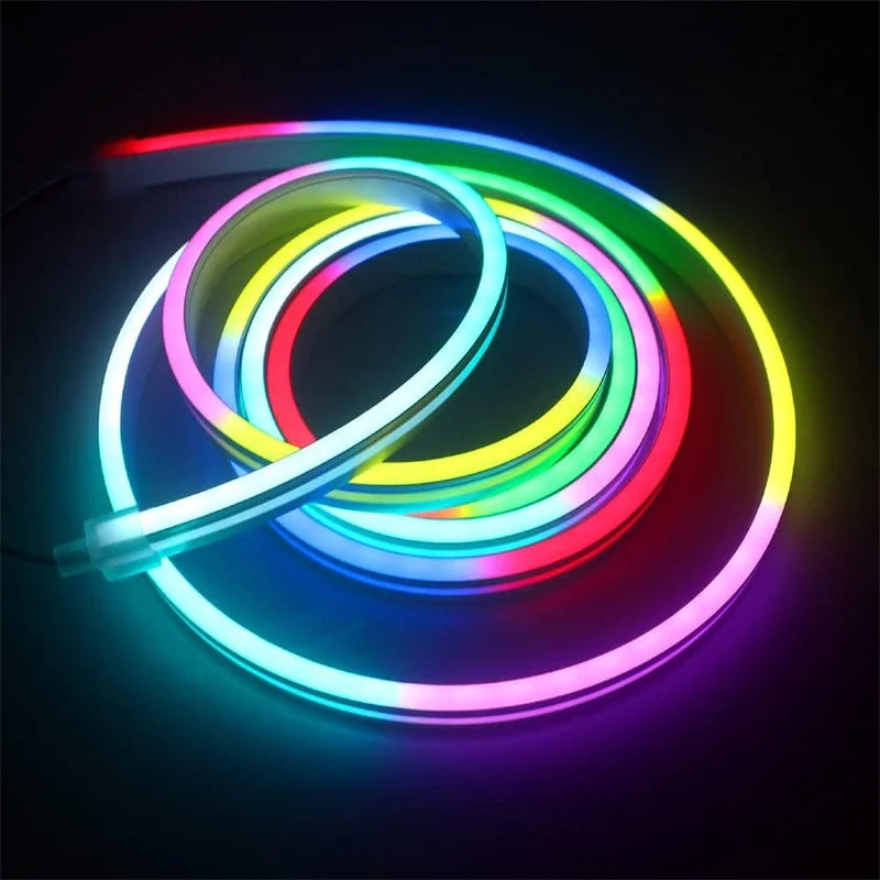 Showlu Smart RGBIC Neon LED strip light with Bluetooth app control, featuring vibrant color options and flexible 5V LED lighting.