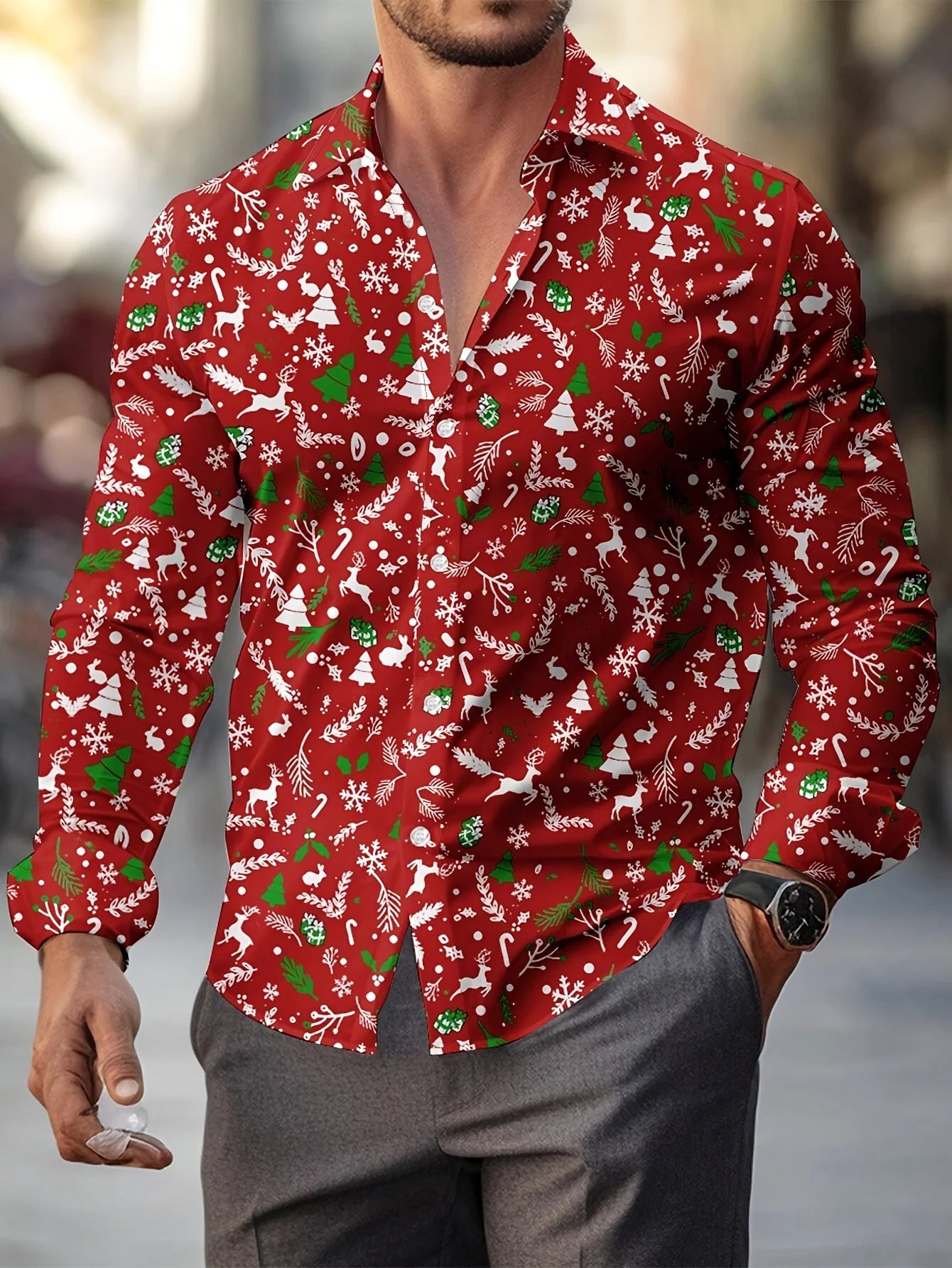 Men's Christmas festival themed long sleeve shirt with 3D printed Santa Claus and Christmas tree graphic, stylish formal shirt by Showlu Fashion