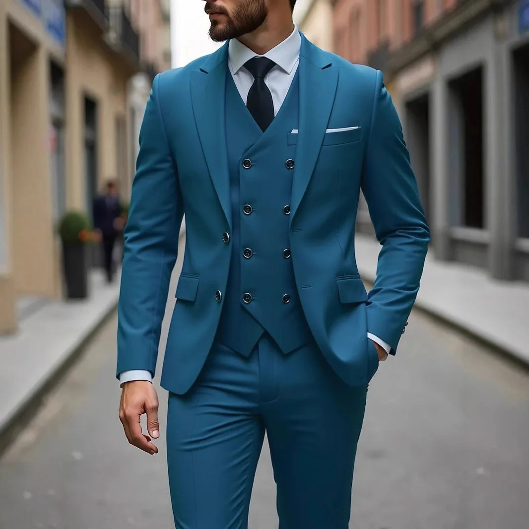 Classic men's slim fit wedding tuxedo with jacket, vest, and pants, ideal for grooms, groomsmen, or formal business occasions.