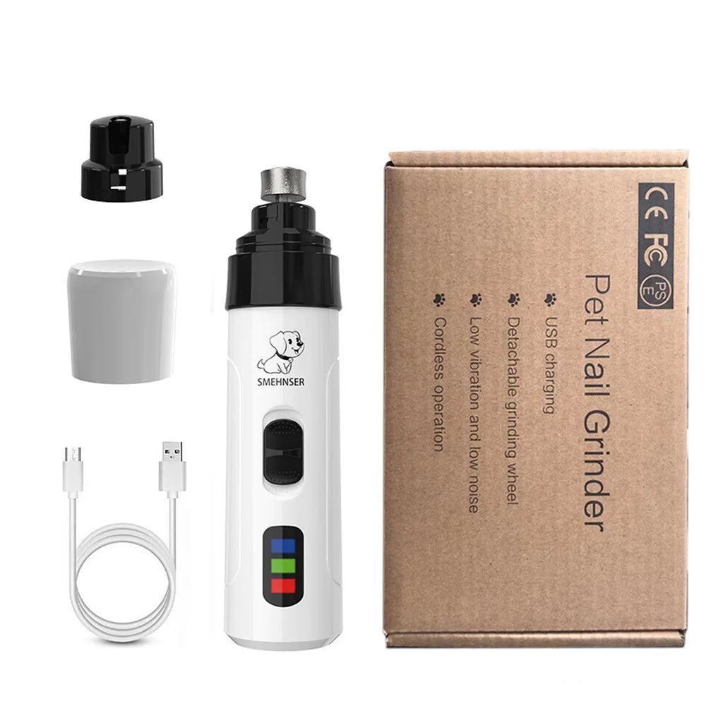 Rechargeable electric dog and cat nail grinder with USB charging, featuring a compact grooming tool with a grinding drum and ergonomic design.