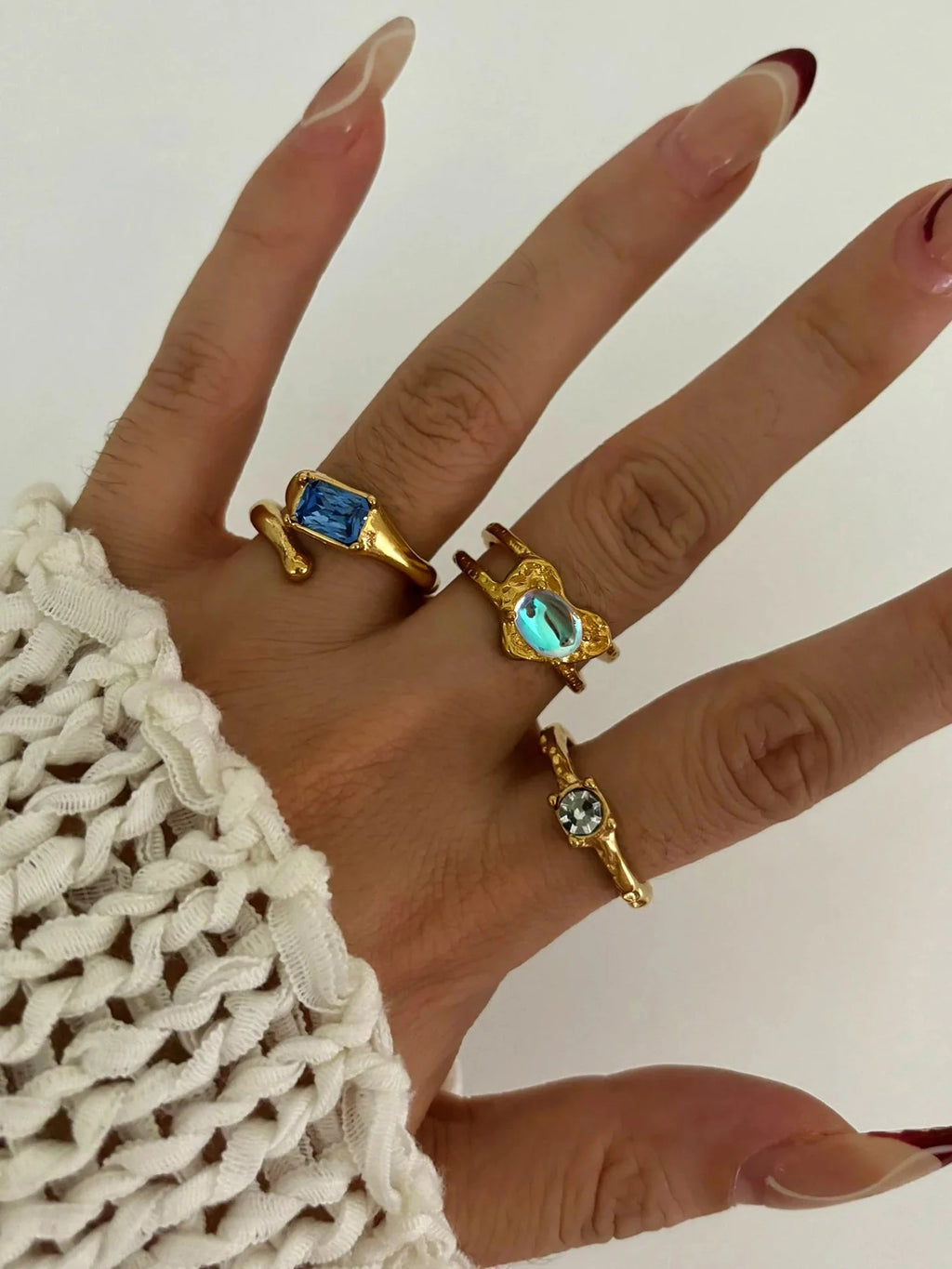 Vintage moonstone zircon open ring by SHOWLU FASHION STORE, gold-plated stainless steel with sparkling stones and intricate design.