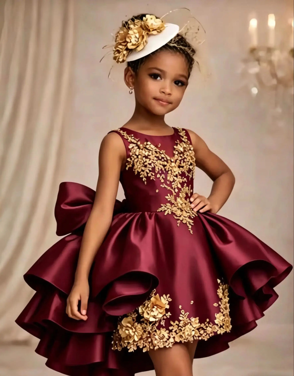 Customized Flower Girl Dresses for Wedding Satin Sleeveless with Bow Lace Applique Knee Lenght Kids First Communion Gowns
