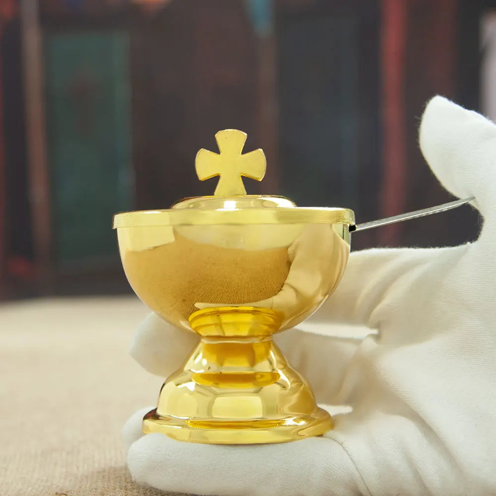 Showlu Golden Zinc Alloy Communion Cup with Spoon for church mass, featuring a polished finish and classic design
