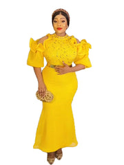 Stylish Sparkly Diamond Women Evening Party Dress High Collar Ruffles Cold Shoulder Short Sleeve With Belt Wedding Occasion Gown