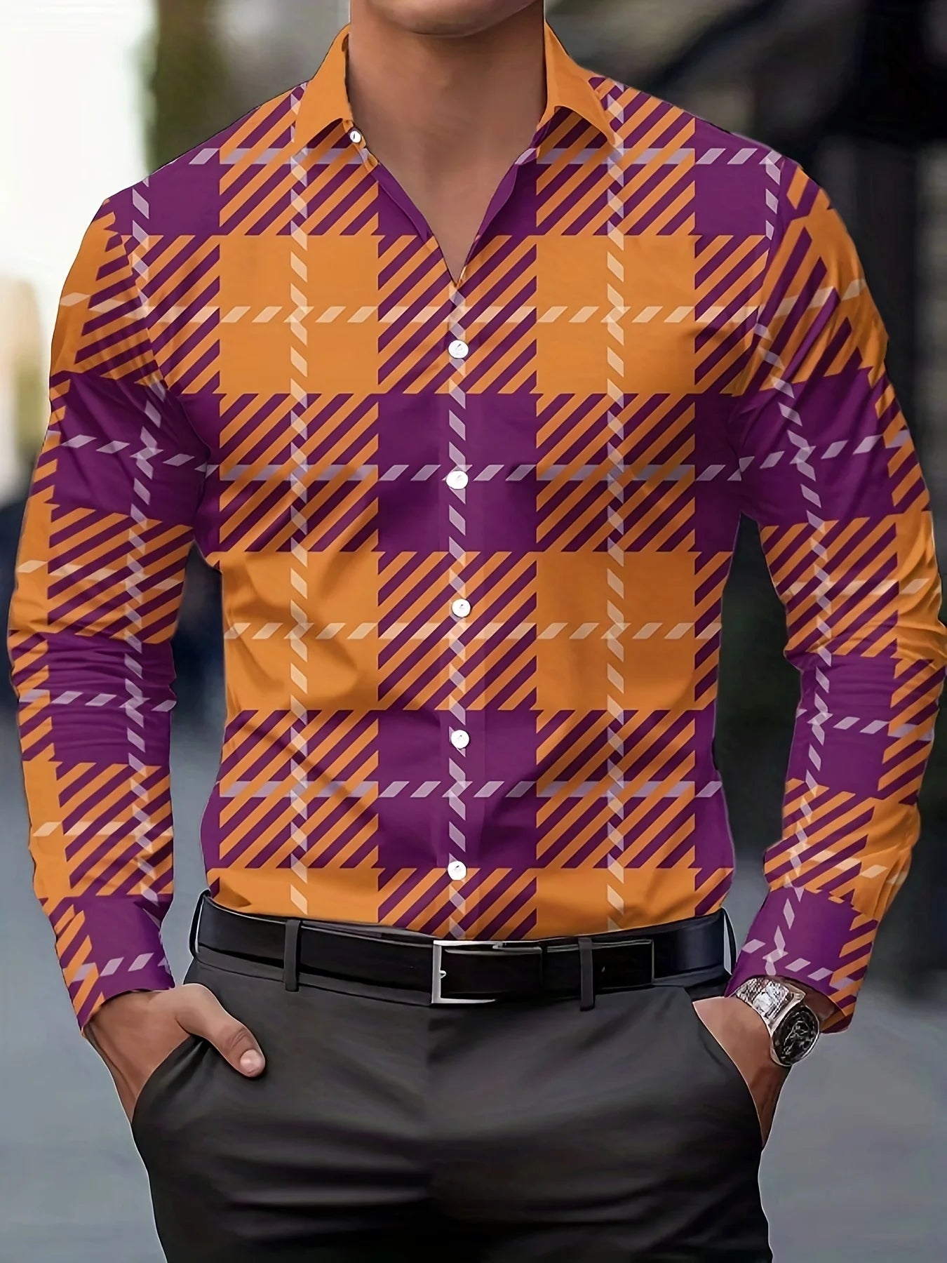 Men's stylish casual long sleeve shirt by Showlu Fashion with breathable fabric, gradient design, turn-down collar, ideal for business or casual wear.