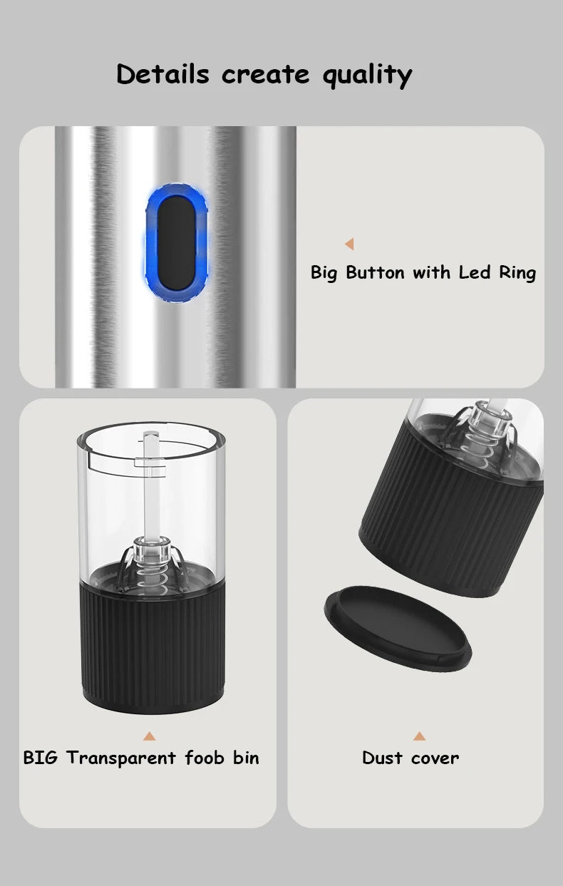 Showlu Smart General electric salt and pepper grinder with adjustable ceramic grinding mechanisms on a kitchen countertop.