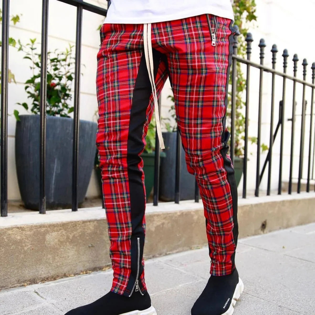 SHOWLU Men's plaid slim fit tracksuit pants with zipper bottom, ideal for fitness and casual wear, shown in the product image.
