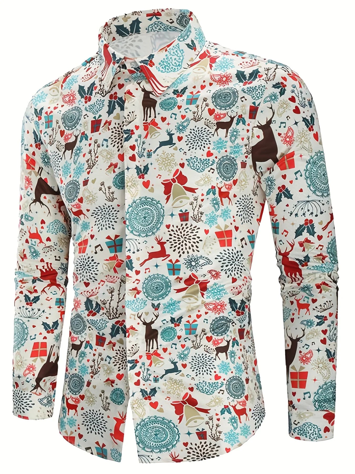 Men's Christmas festival themed 3D printed long sleeve shirt with Santa Claus and Christmas tree graphics, stylish and festive.