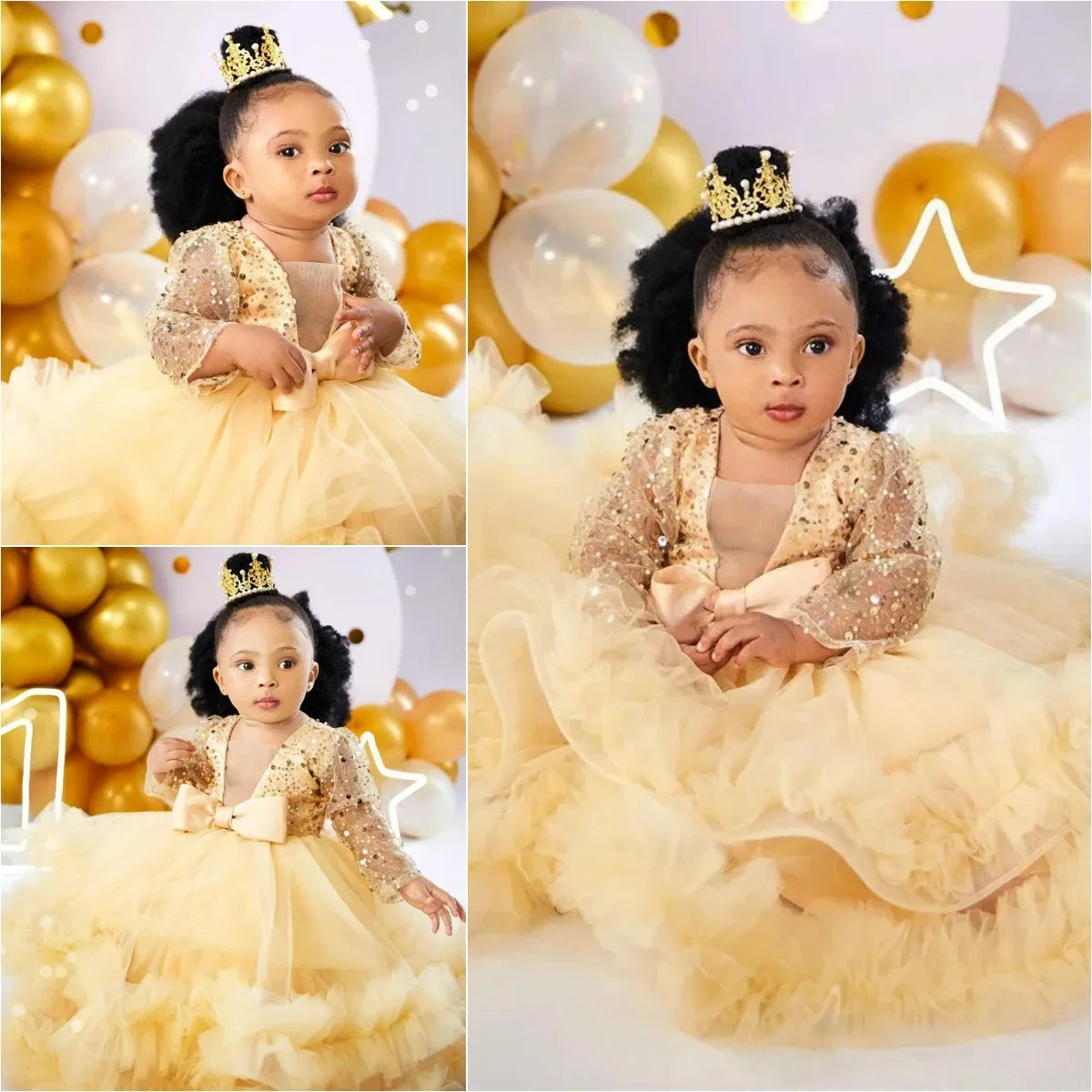 Baby girl flower girl dress by Showlu Fashion Store featuring full sleeves, sequins, floor-length design for weddings and photoshoots.